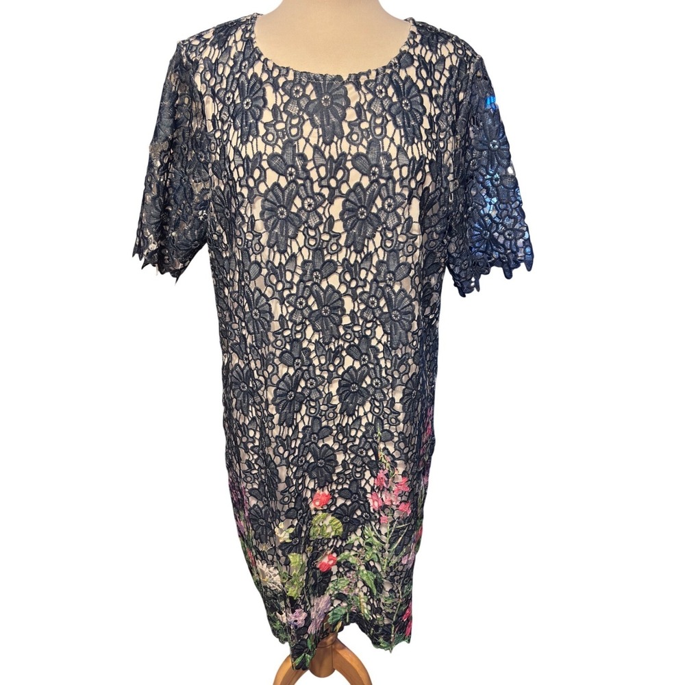 Nina Leonard Floral Lace Shift Dress Womens L Navy Blue Excellent Embroidered